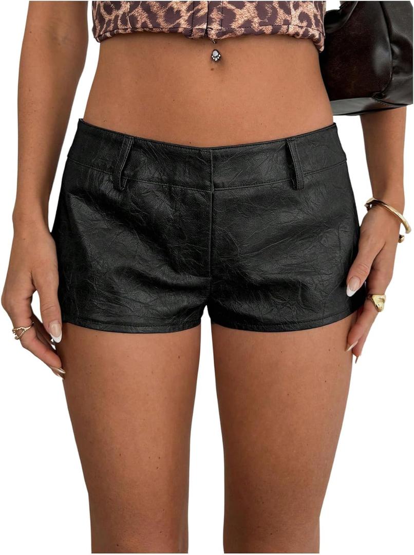 SweatyRocks Women's Vintage PU Leather Shorts Low Rise Club Party Shorts Streetwear (Black)