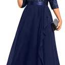 Talisea Plus Size Formal Dresses - V Neck 3/4 Sleeves Sequin Evening Gowns Prom Gala Wedding Guest Chiffon Long Maxi Dress