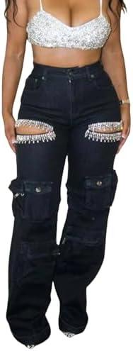 Unybwonn Women Rhinestone Cargo Jeans High Waisted Baggy Sexy Sparkly Cut Out Ripped Distressed Stretchy Denim Pants2XL