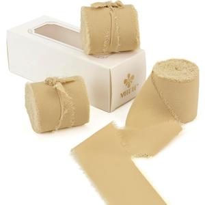 MEEDEE Khaki Chiffon Ribbon - 2 Inch Frayed Fringe Silk Ribbon for Crafts, Wedding Invitation & Gift Wrapping (3 Rolls 21 Yards)