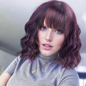 VCKOVCKO 12Inches Loose Wave Bob Wig Wavy Burgandy Wig with Air Bang Curly Hair Wigs Synthetic Cosplay Party Wigs for Women (12Inches,Burg Mix Blue)