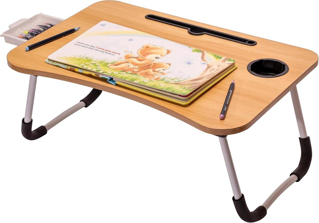 OHAHO Laptop Bed Desk, Foldable Lap Table with Cup Holder, Tablet Slot, Portable Stand for Working, Writing, Drawing (Brown)
