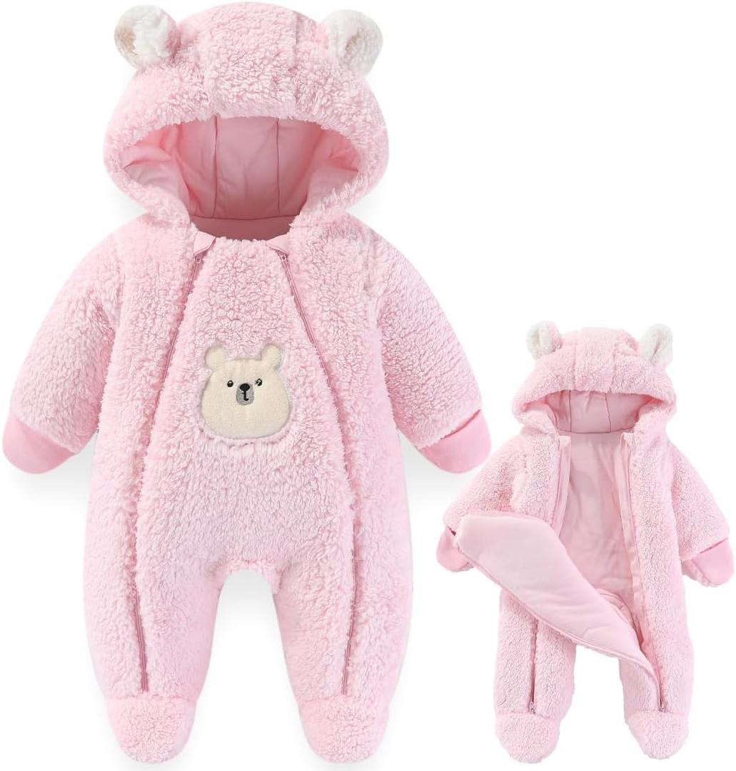 Fairy Baby Newborn Baby Winter Snowsuit Bear Thick Romper Footie Double Zip Hooded Jumpsuit Fleece Coat Infant Boy Girl 0-12M (3-6 Months, Pink-two Zips)