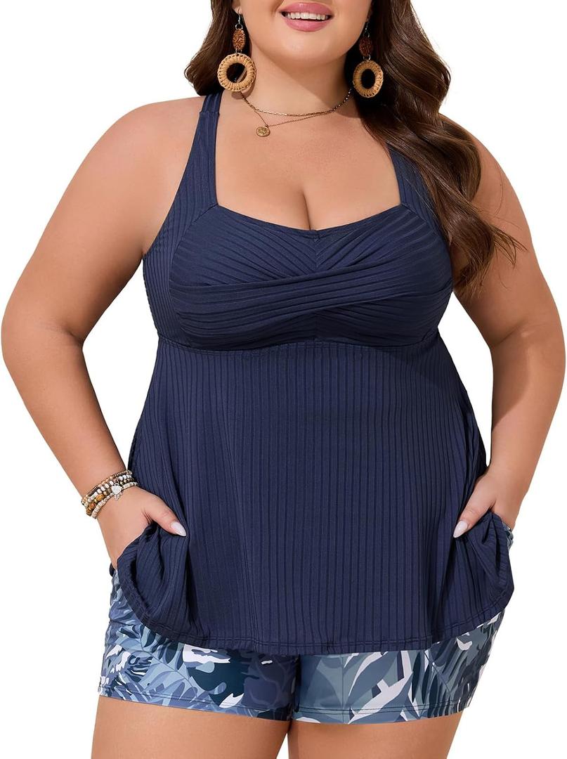 Summer Mae Plus Size Tankini Swimsuits for Women Two Piece Bathing Suit with Pockets Shorts Tummy Control Swimwear (Ribbed Blue Leaves) 18Plus