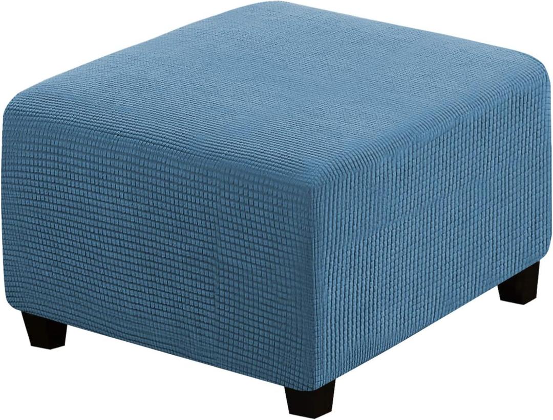 H.VERSAILTEX Square Ottoman Covers Ottoman Slipcovers Folding Storage Stool Furniture Protector Form Fit with Elastic Bottom, Stretch High Spandex Small Checks Jacquard Fabric(Large,Dusty Blue)