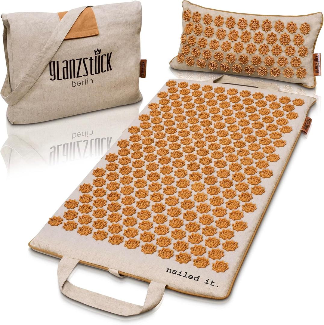 Glanzstck Berlin Acupressure Mat Set Premium, Beginner Suitable, Made of Linen, Neck and Back Pain Relief, with Pillow (Heat Function) & Bag, Sustainable (XL)