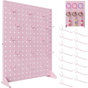 Peg Board Display Stand with 15 Hook,Tabletop Metal Pegboard Shelf for Craft Shows & Fairs,Jewelry and Key Ring Retail Display Racks for Selling Accessories, Vendors & Events (17 X 13 Inch,Pink)