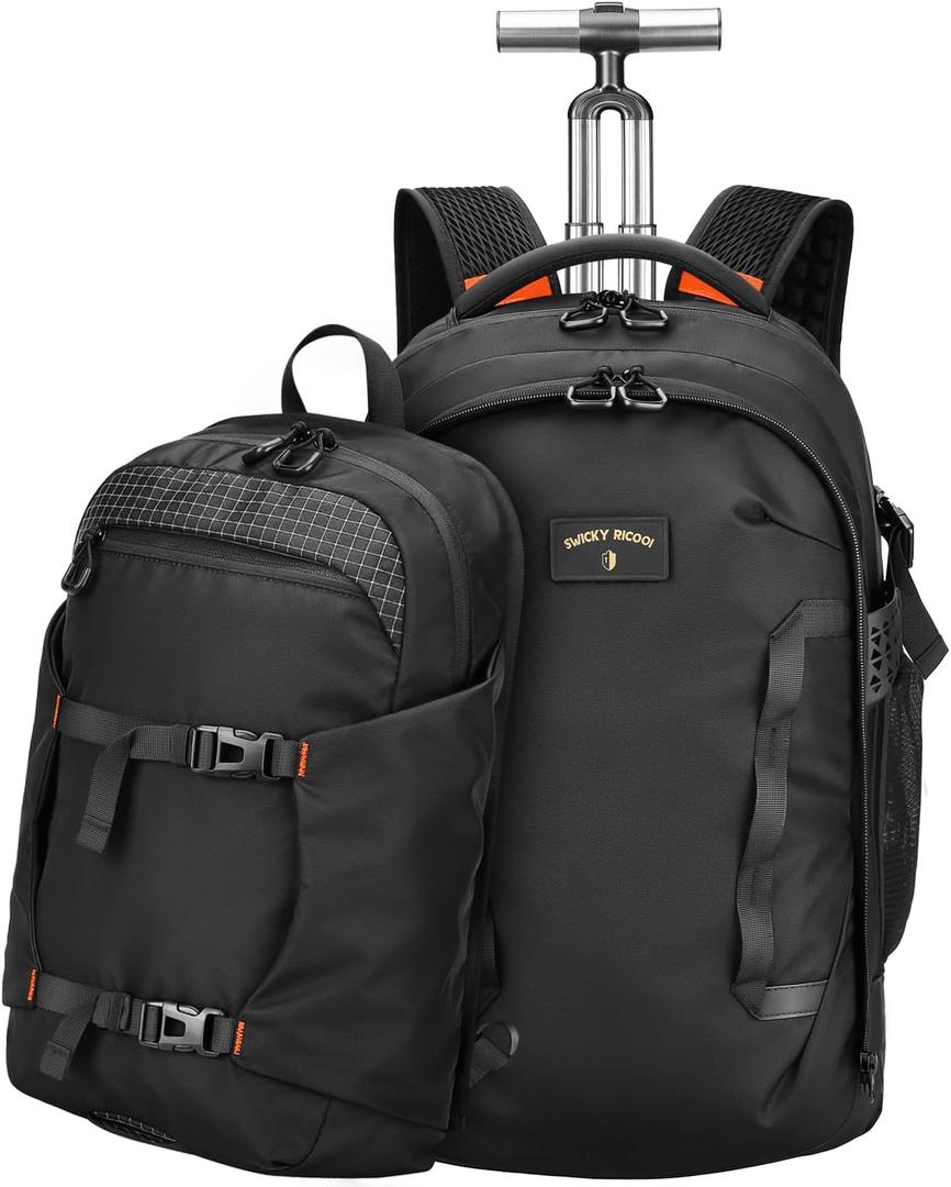 Rolling Backpack, 56L Large Backpacks with Wheels-Splits into Daypack & Laptop Backpack Fits 17 Inch Laptop,Water-Resistant & Carry-On Friendly for College,travel,camping,Weekender Hiking Black