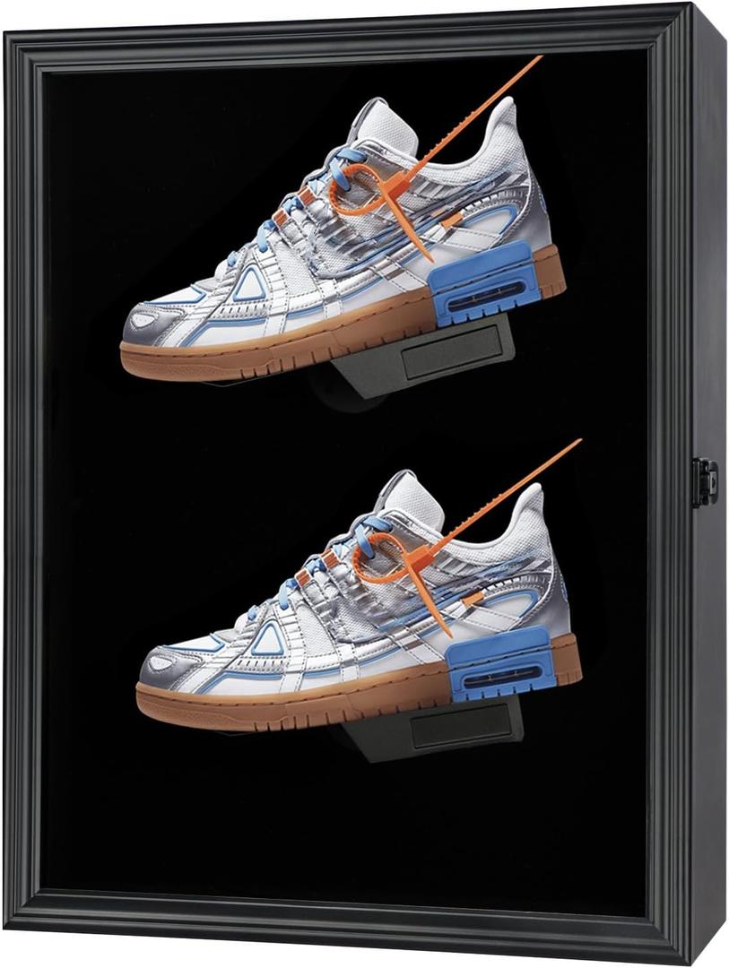 Shoe Display Case Memorabilia Display Case Shoe Wall Mount Wooden Sneaker Cabinet for Football Basketball Baseball Sports Shoes Display with Anti Fade UV Protection Acrylic Door Lockable, Black (17"L x 5.8"W x 22.1"H)