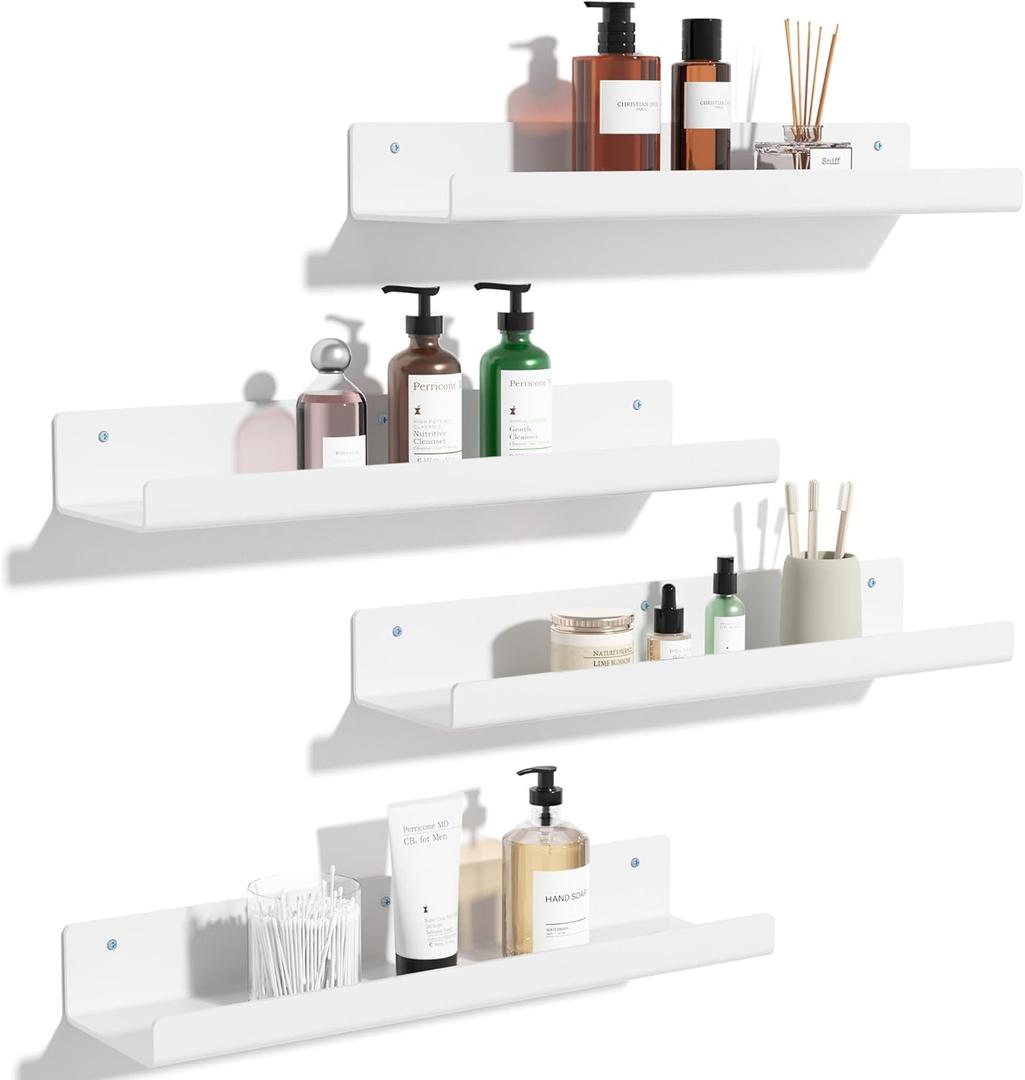 upsimples Acrylic Shelves for Wall Decor, 15" Display Shelf Perfume Organizer for Bathroom, Bedroom, Living Room, Floating Bookshelves for Kids, White, 4 Pack | for Kids, Display Shelf, Organizer, for Bathroom, Bedroom, Living Room Decor