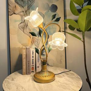 19.5in Vintage Floral Table Lamp, Plug-in Dimmable Antique Glass Lamp