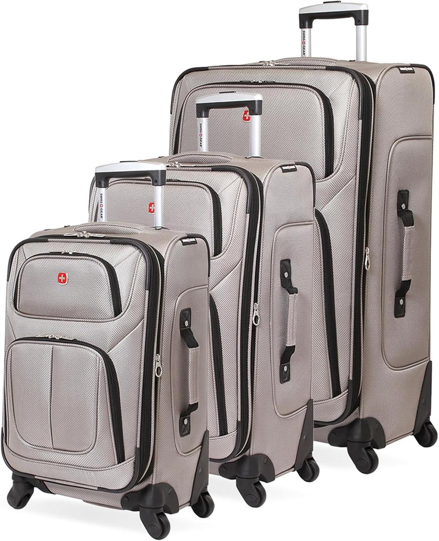 SwissGear 3 Piece Spinner Wheel Suitcase Set - Softshell & Lightweight, 25/27/29 Inches, Pewter