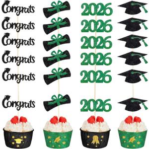 Chinco 100 Pack 2026 Graduation Cupcake Toppers Glitter Grad Cap Food Appetizer Picks Cake Caps Party Decorations Diploma Cupcake Picks for Cake Class of 2026 Graduation Party(Black and Green)