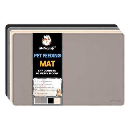MateeyLife Dog & Cat Food Water Mat for Floors Waterproof, Nonslip Pets Bowl Feeding Mats with Raised Edges, Silicone Matt Tray for Messy Drinkers, 24"x16", Taupe