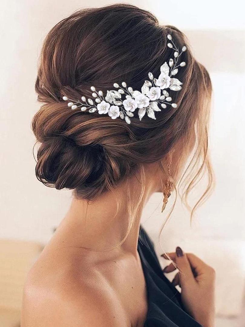 GORAIS Flower Bride Wedding Hair Vine Silver Crystal Bridal Hair Pieces Leaf Headband Hair Accessories for Women and Girls (1 Count (Pack of 1))