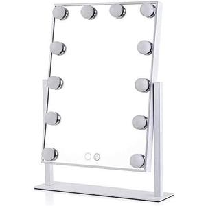 Hollywood Style LED Makeup Mirror, European Square Desktop Vanity Mirror with Touch Control, Dual Light Sources, 360 Rotation, USB Powered, White Aluminum Frame