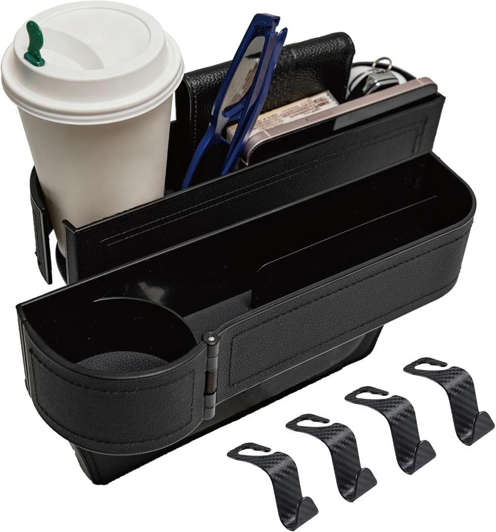 Car Seat Gap Filler Organizer,2 Pack Car Leather Cup Holder Gap Bag,Car Seat Storage Box with Cup Holder Expander,Car Organizer Front Seat for Holding Phone, Glasses, Keys, Cards (Black)