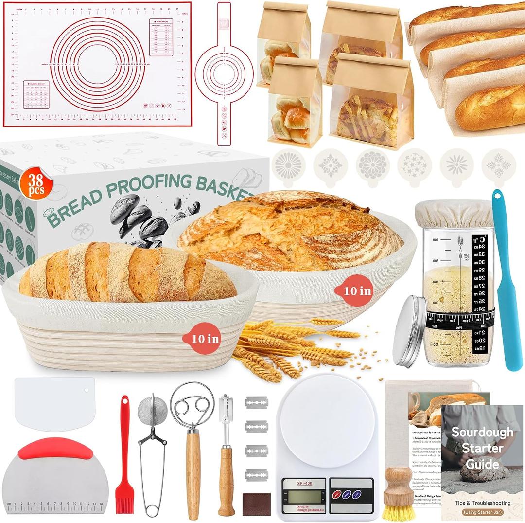 Aliggbent 38Pcs Sourdough Bread Baking Supplies, 10'' Round & Oval Banneton Bread Proofing Baskets with 24 oz Sourdough Starter Jar Kit, Digital Scale, Bags & Bread Making Tools Kit for Artisan Baking
