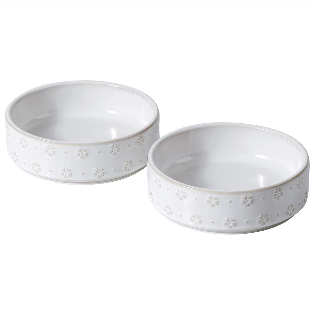 6.1inch Ceramic Set of 2 Dog and Cat Bowls, Food and Water Bowls for Toy Breed Dogs, Kitty, Cats, 2pcs Dog & Cat Dishes, Cat Feeder(2 Bowls, White with Snowflake Pattern) (1.7 CUPS)
