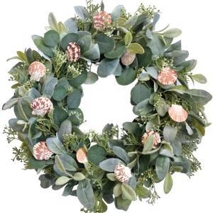 TEMPUS 24" Artificial Eucalyptus Wreath for Front Door - Spring Summer Farmhouse Decorwith Lamb's Leaves Shells Indoor/Outdoor Green Wreath