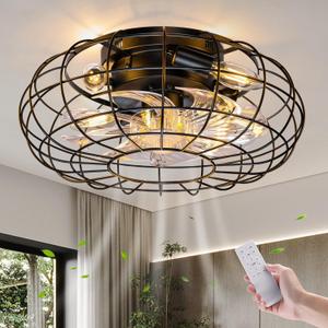 Ceiling Fan with Lights, 18 Inch Caged Ceiling Fan Lights Remote Control Small Industrial Ceiling Fan Light Fixture Flush Mount Farmhouse Light 6 Speeds Bladeless Lights for Bedroom Kitchen