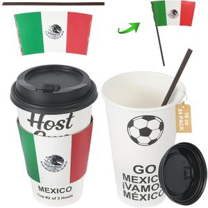 16 oz CheerSleeve Host Cup, Celebrating World Soccer Tournament Host Mexico, 24 Sets Disposable Paper Party Cups with Lids Straws Sleeves, Flag Themed Fan Event Decorations, ¡VAMOS MÉXICO