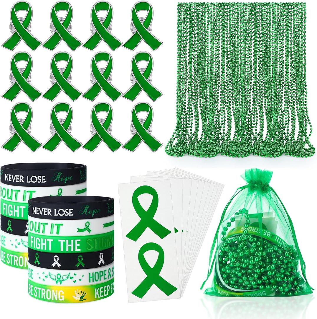 66 Pcs Mental Health Awareness Gifts Bulk Green Ribbon Awareness Bracelet Wristbands Bead Necklaces Stickers Organza Bags Set for Mental Health Month Favors Charity Event Party Supplies