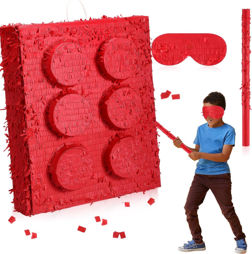 20 Inches Large Piata for Birthday Party with a Blindfold and Bat Piata Birthday Party Decorations for Kids Anniversary Game Supplies(Red Block)