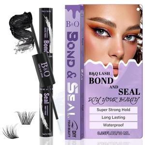B&Qaugen Lash Bond and Seal Waterproof 10ML Eyelash Bond and Seal Lash Glue for Lash Clusters 72 Hours Black Lash Glue and Bond Super Strong Lash Extension Bond and Seal Long Lasting