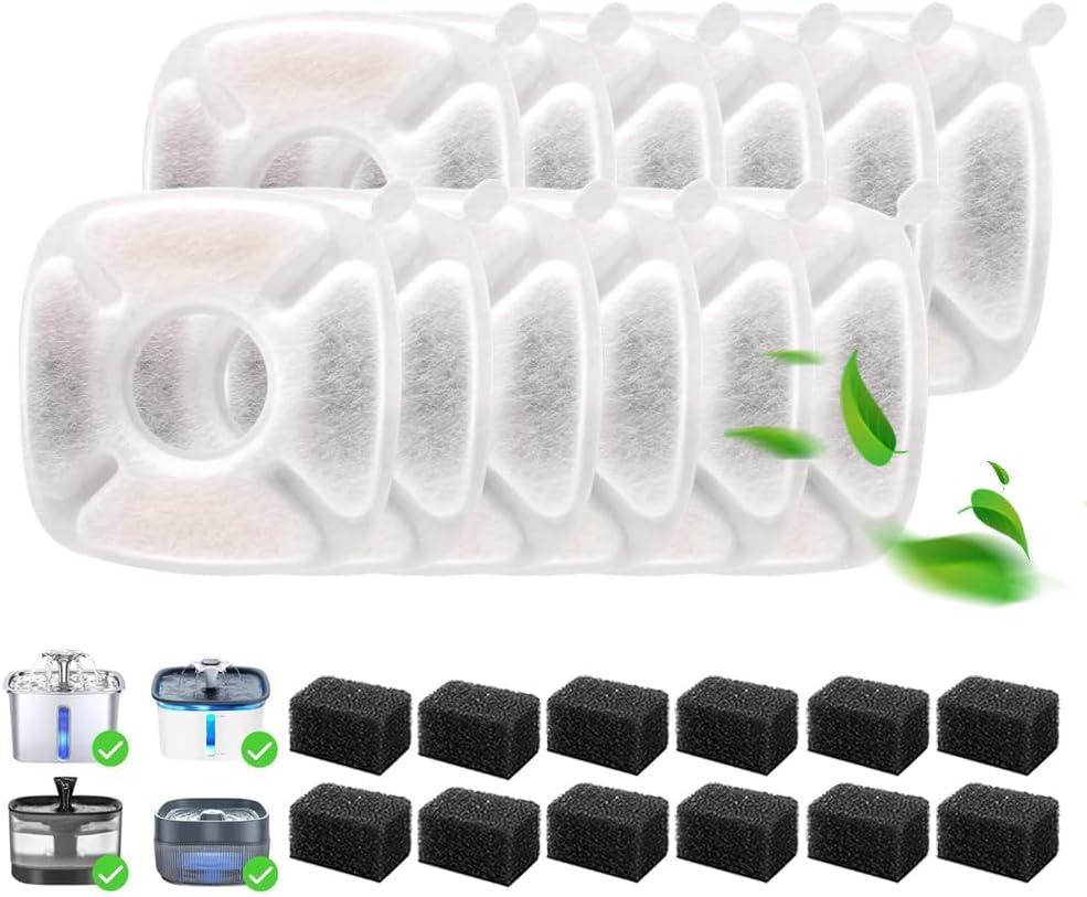 24 Pcs Cat Fountain Replacement Filters 12 Pack Cat Water Fountain Replacement Filters with 12 Pack PreFilter Sponges, Pet Fountain Filter Fit for 95oz/2.8L Automatic Pet Fountain Cat Water Fountain