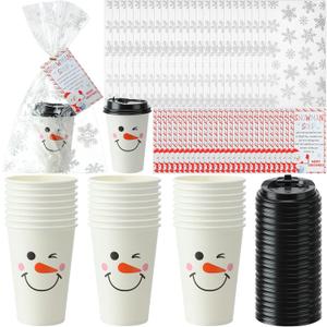 25 Pack Christmas Snowman Disposable Cups with Lids Snowflake Cellophane Bags with Twist Ties Hanging Xmas Soup Tags Snowman Paper Cups for Hot Cocoa Chocolate Winter Holiday Party (12oz)