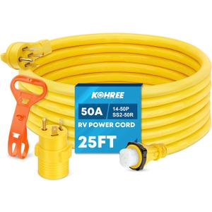 Kohree 50 Amp RV Extension Cord 25FT Heavy Duty Generator Cord, 50 Amp RV Power Cord with Grip Handle, NEMA 14-50P to SS2-50R Twist Lock, 30M/50F Adapter Included, ETL Listed