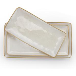 Famiware Serving Platter, Rectangular 15.67/14.1/12.6 inch Serving Dishes for Entertaining, Microwave Dishwasher Safe, Stoneware Serving Trays for Party, Turkey, Cheese, Ocean Series, Cappuccino White