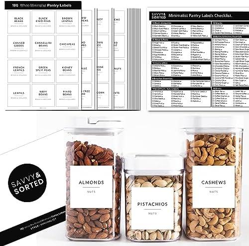 SAVVY & SORTED Minimalist Pantry Labels, 180 Waterproof Vinyl Stickers for Food Containers - Kitchen Labels for Organizing Storage Bins, Jars, Kitchen