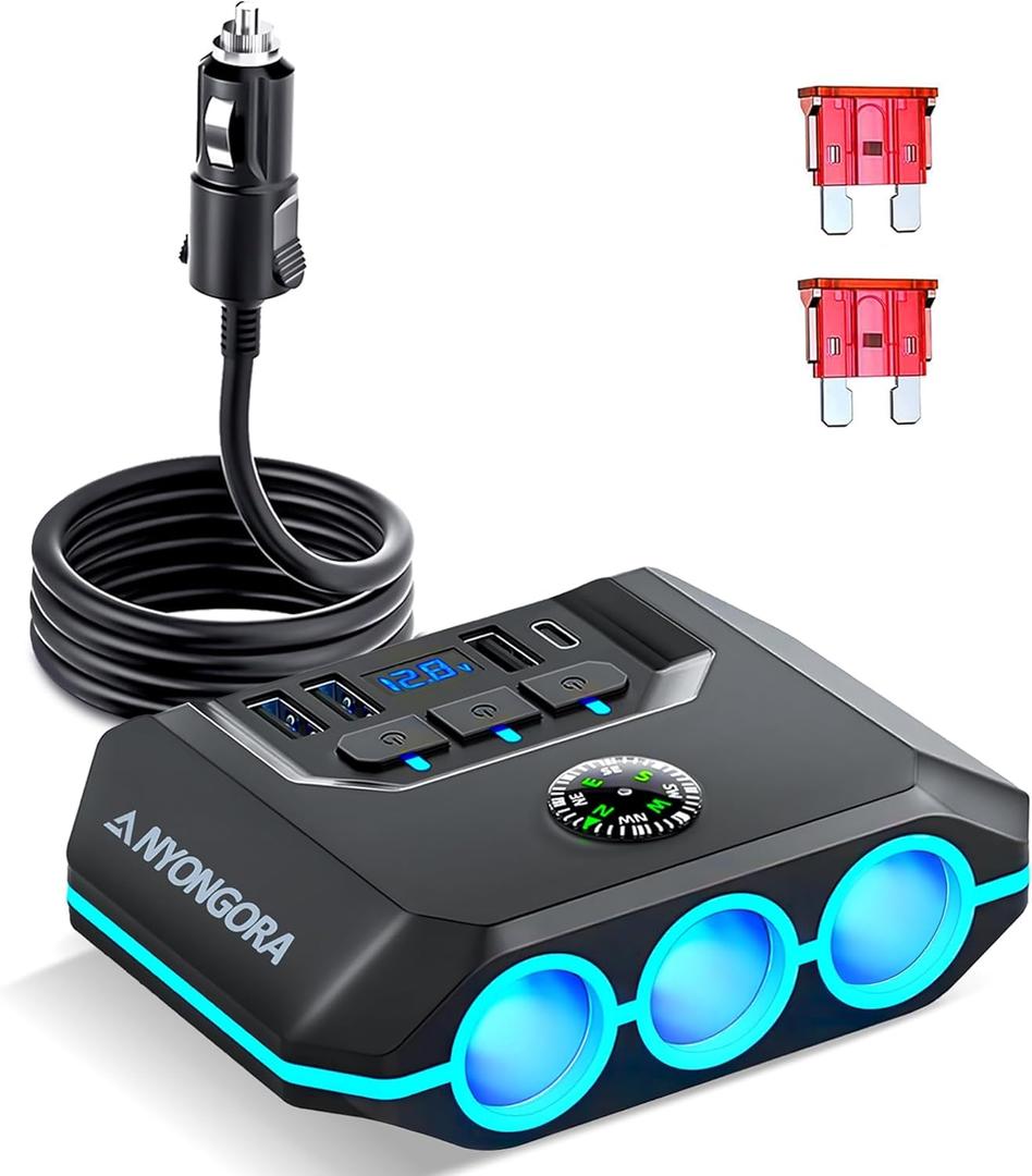 Cigarette Lighter Splitter, 120W Car Charger Adapter with USB & PD, 7 in 1 Multi Port Power Plug with Independent Switches & LED Voltage Display for 12V- 24V Vehicles (3.3FT Cable)