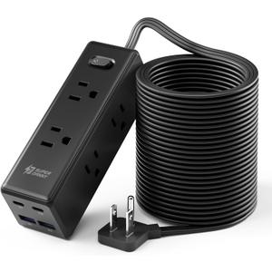 25 Ft Extension Cord with Multiple Outlets, Long Extension with 6 Outlets 4 USB Ports(2 USB C), Flat Plug Surge Protector Power Strip for Home, Office Supplies, Dorm Essentials, Black