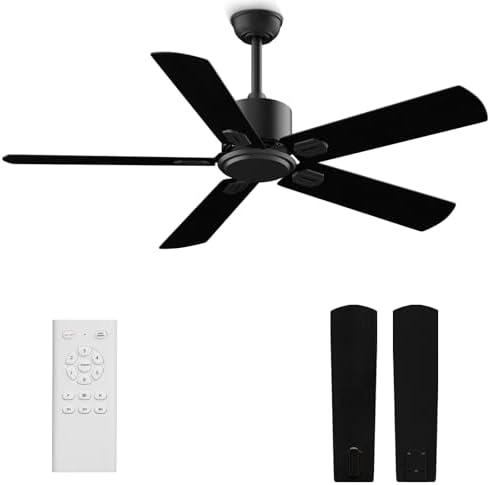 52" Ceiling Fan No Light - Outdoor Indoor Flush Mount Low Profile DC Motor Fan with Remote, 5 Blades Reversible Silent Fan for Patio, Bedroom, Living Room, Garage
