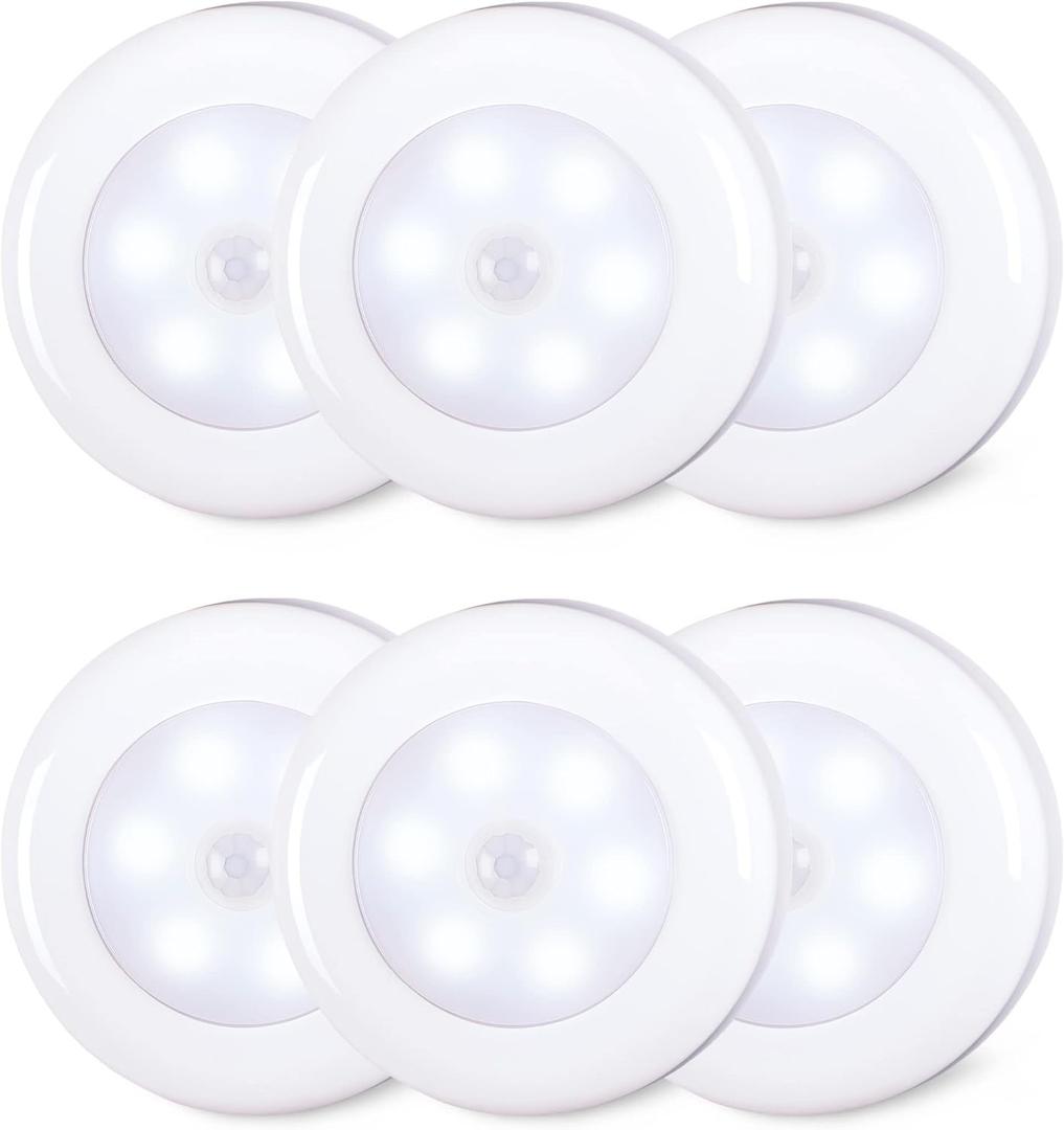 STAR-SPANGLED 6 Pack 2.8 Motion Sensor Lights Indoor AAA Battery Operated, Stick on LED Puck Light for Stairs, Under Cabinet, Closet, Cool White