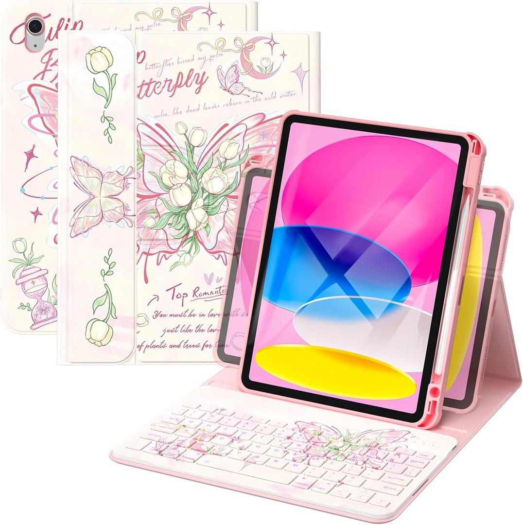 YBING Keyboard Case for iPad 10th Gen 10.9 inch(2022) & 11th Gen(A16, 2025), Painted Patterns Detachable Keypad & Rotatable Magnetic Case with Pencil Holder (Butterfly Pink)