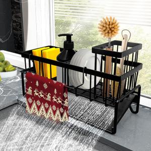 Sponge Holder for Kitchen Sink CaddySink Caddy Organizer with High Brush Holder Adjustable Divider, Tilted Drain Pan, Multifunctional for Home Decor Accessories (Black)