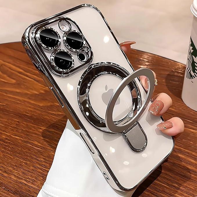 Case for iPhone 13 Pro Max with Magnetic Stand [Compatible with MagSafe] [Full Camera Lens Protector] Luxury Plating Shockproof Clear Phone Case for iPhone 13 Pro Max 6.7", Titanium Black