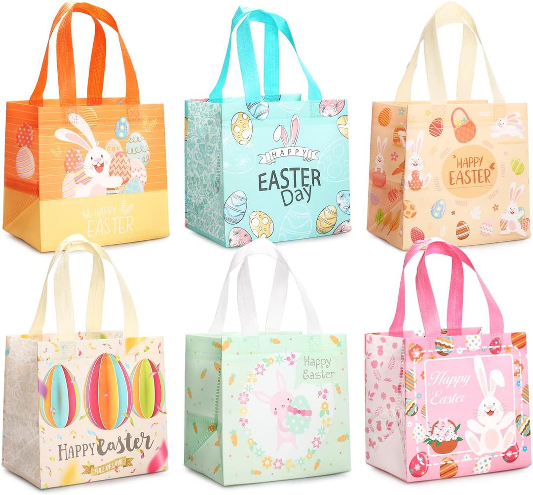 6PCS Happy Easter Egg Hunt Bags Easter Bunny Carrot Chick Egg Gift Bags with Handles, Easter Treat Bags, Multifunctional Non-Woven Bags for Gifts Wrapping, Egg Hunt Game, Easter Party Supplies, (Pink Green Blue Orange)