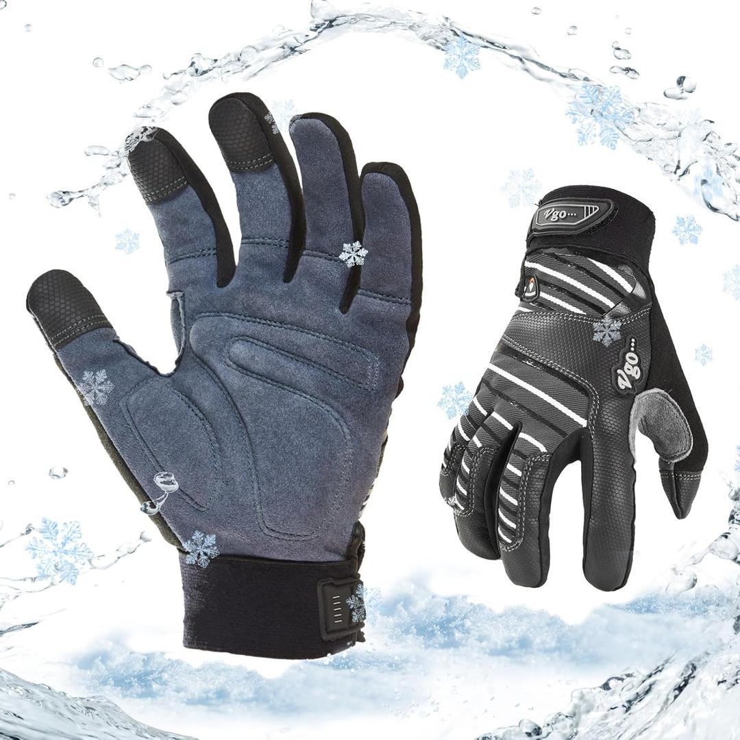 Vgo... Men's Winter Work Gloves,Waterproof,Impact Reducing,Leather Palm,Touchscreen for Construction,Cold Storage,Outdoor (Gray)