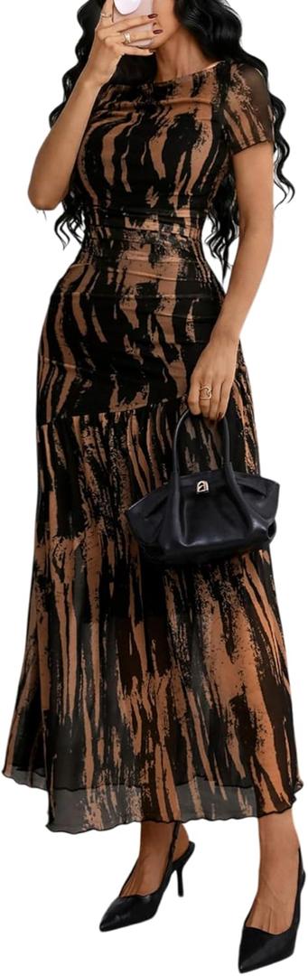 GothDark Ruched Bodycon Dresses for Women Mesh Short Sleeve Tie Dye Sexy Party Travel Nashville Casual Summer Outfits (Brown, S)