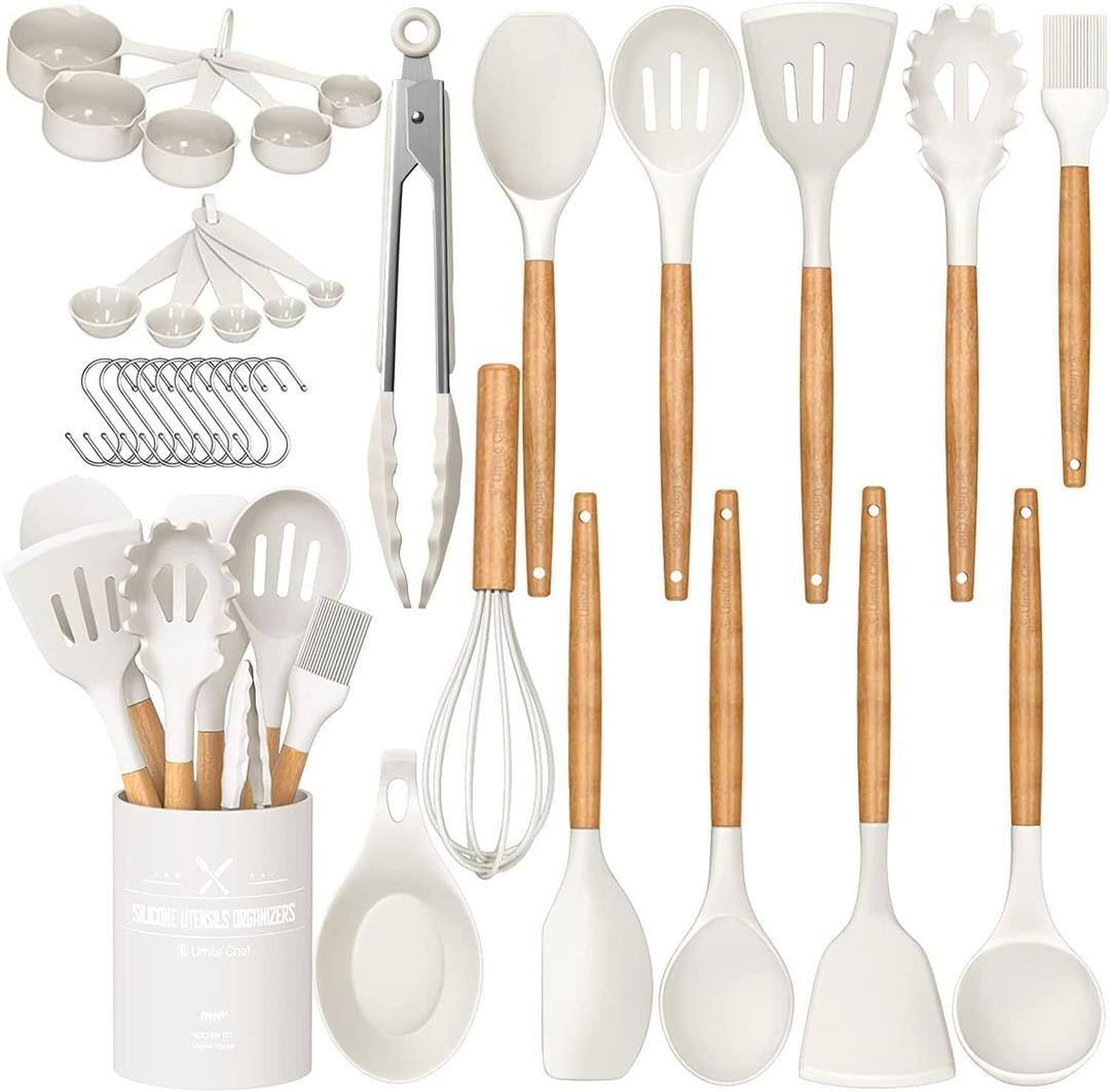 Umite Chef Kitchen Cooking Utensils Set, 33 pcs Non-stick Silicone Cooking Kitchen Utensils Spatula Set with Holder, Wooden Handle Silicone Kitchen Gadgets Utensil Set (Cream White) Umite Chef Kitchen Cooking Utensils Set, 33 pcs Non-stick Silicone Cooking Kitchen Utensils Spatula Set with Holder, Wooden Handle Silicone Kitchen Gadgets Utensil Set (Cream White)
