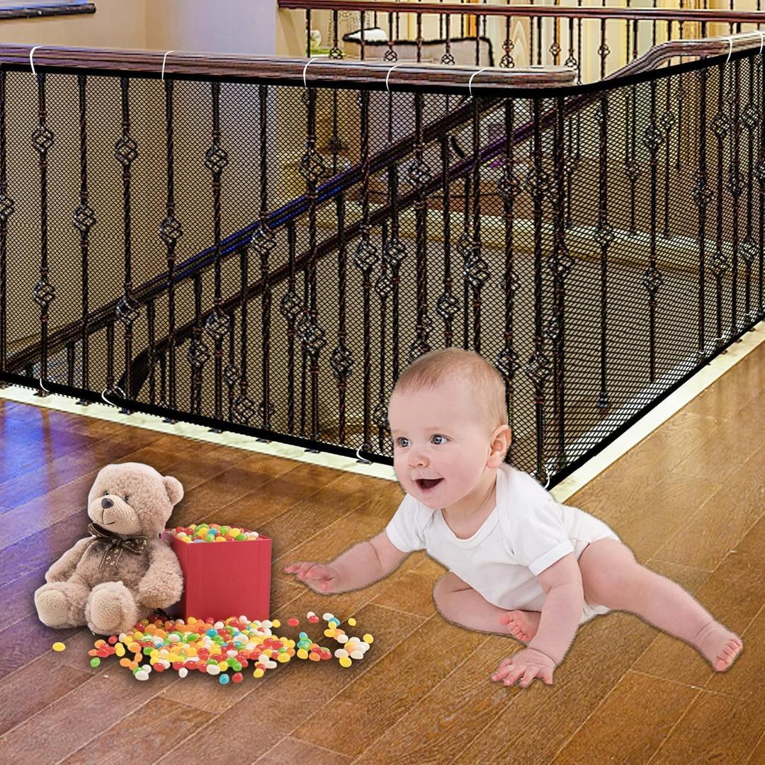 JIFTOK Baby Gate for Stairs, Banister Guard for Kids, Pets, Toys, 10ft L x 2.6 ft H, Mesh Netting Safety Net for Balcony Rail Stair, Stairway Net Baby Safety Products for Indoor & Outdoor (Black)