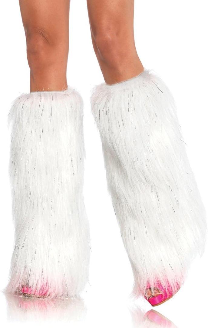 Leg Avenue Women's Kira Furry Leg Warmers For Women Rave Accessories, White/Silver 