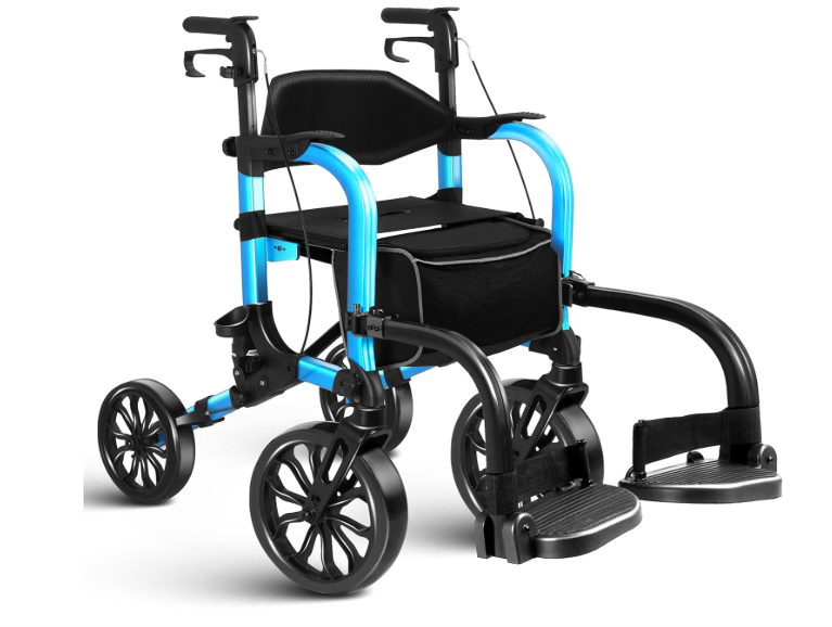 Foldable Rollator Walker with Seat for Seniors,Lightweight 2-in-1 Rolling Walkers and Wheelchair Combo with Adjustable Handle Height,Transport Chair with Brakes 300 lbs Weight Capacity