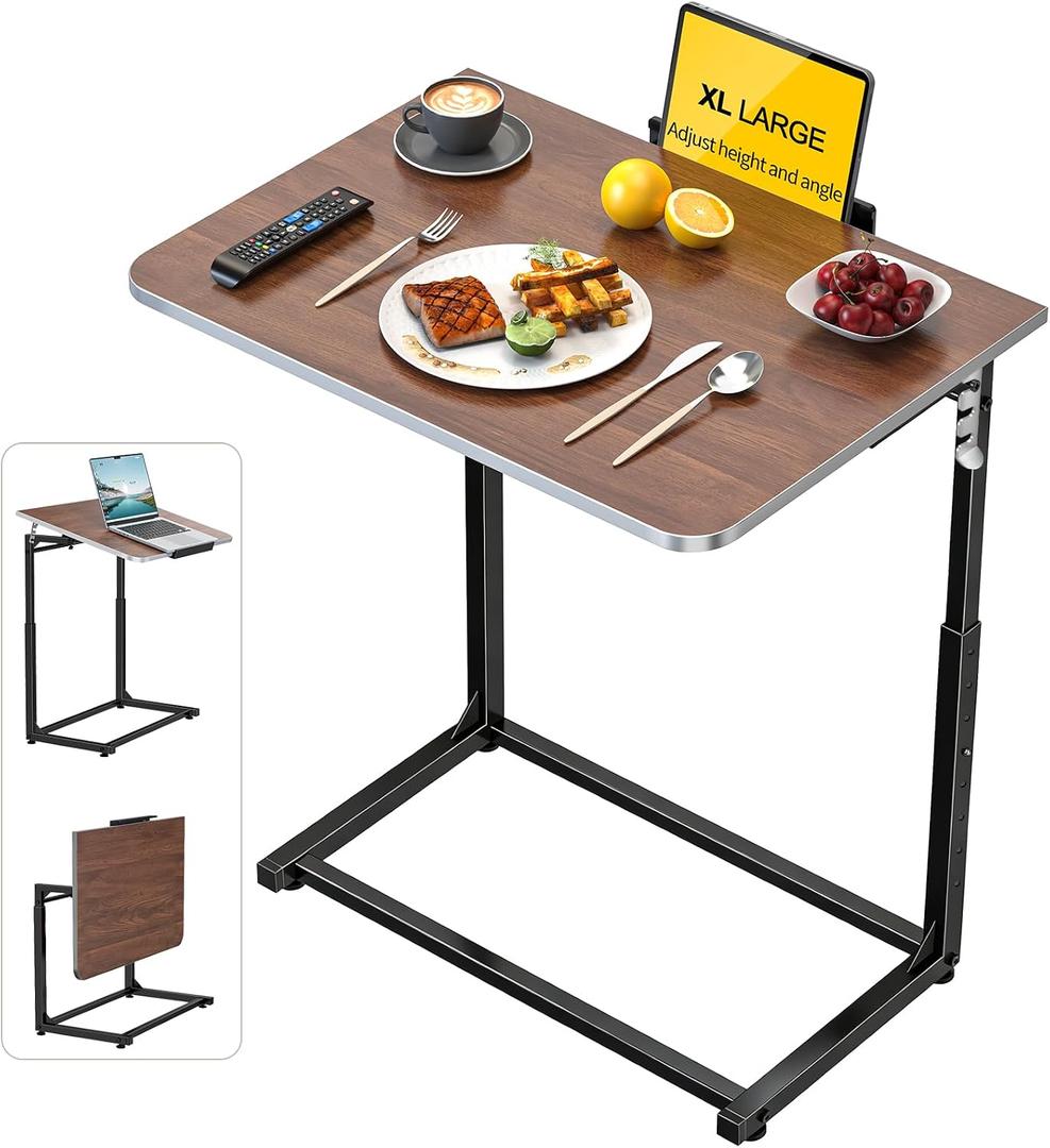 Tv Tray Table,Extra Large Dinner Food Tray Table,Couch & Bed Eating Desk,Heavy Duty Folding Laptop Side Table with 8Height&90 Tilt Adjustable,C-Shaped End Table with Phone/Tablet Slot Walnut