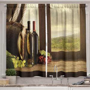Ambesonne Winery Kitchen Curtains, Dark Clouds Over Vineyard Rainy Weather View from Window of Farmhouse Scenery, Window Drapes 2 Panel Set for Kitchen Cafe Decor, 55" X 39", Green Brown